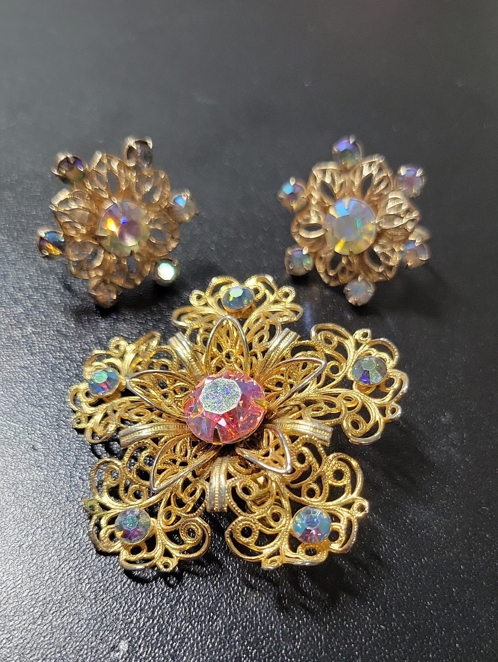 Gold Tone Filigree Aurora Borealis Flower Brooch and Earring Set